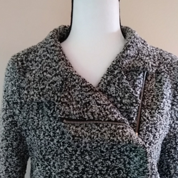 Elodie Asymmetrical Zip Tweed Look Collared Moto Jacket MEDIUM Black White - Picture 6 of 16